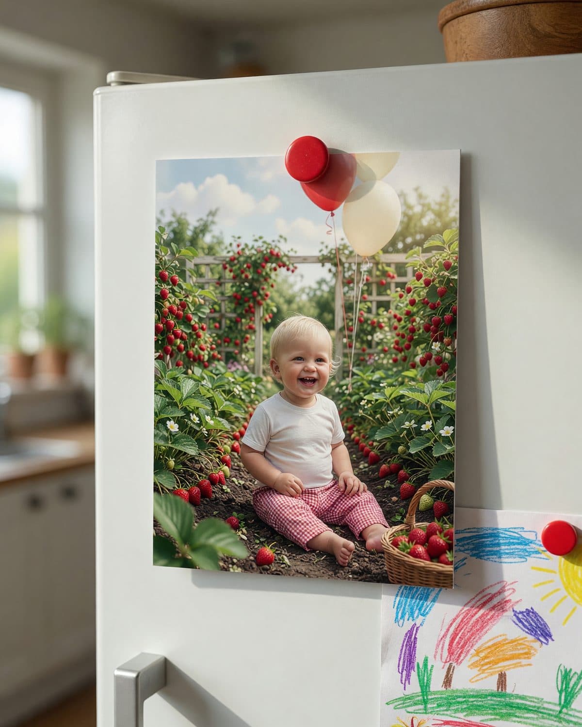 A printed berry garden invitation held to a fridge door by a small magnet.