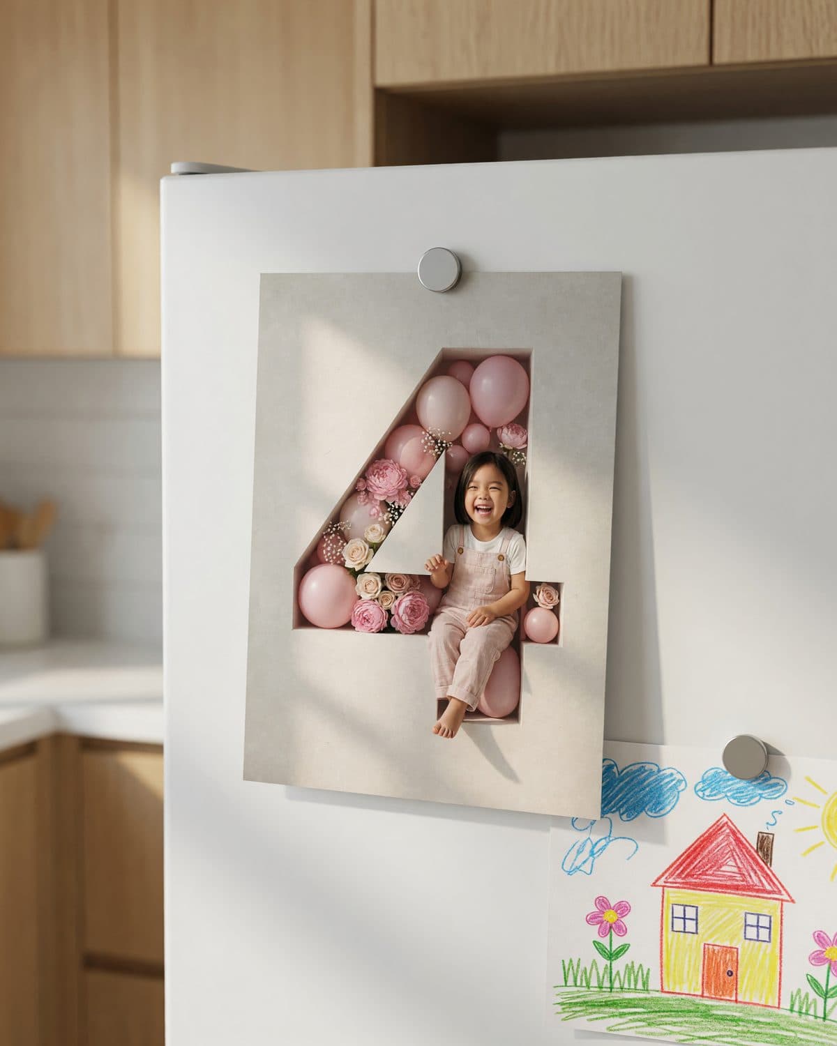 A printed garden-party invitation held to a fridge door by a small magnet.