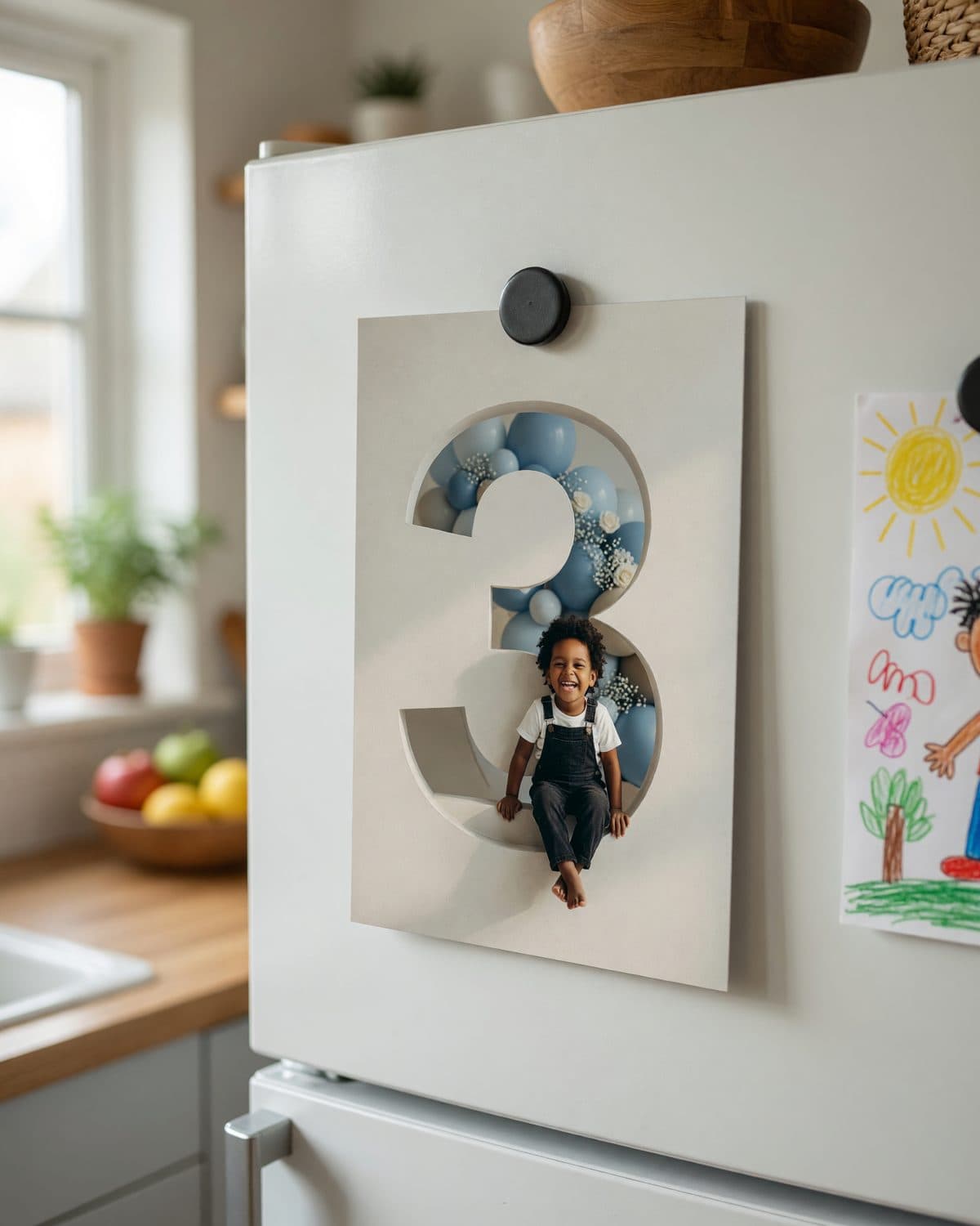 A printed storybook invitation held to a fridge door by a small magnet.