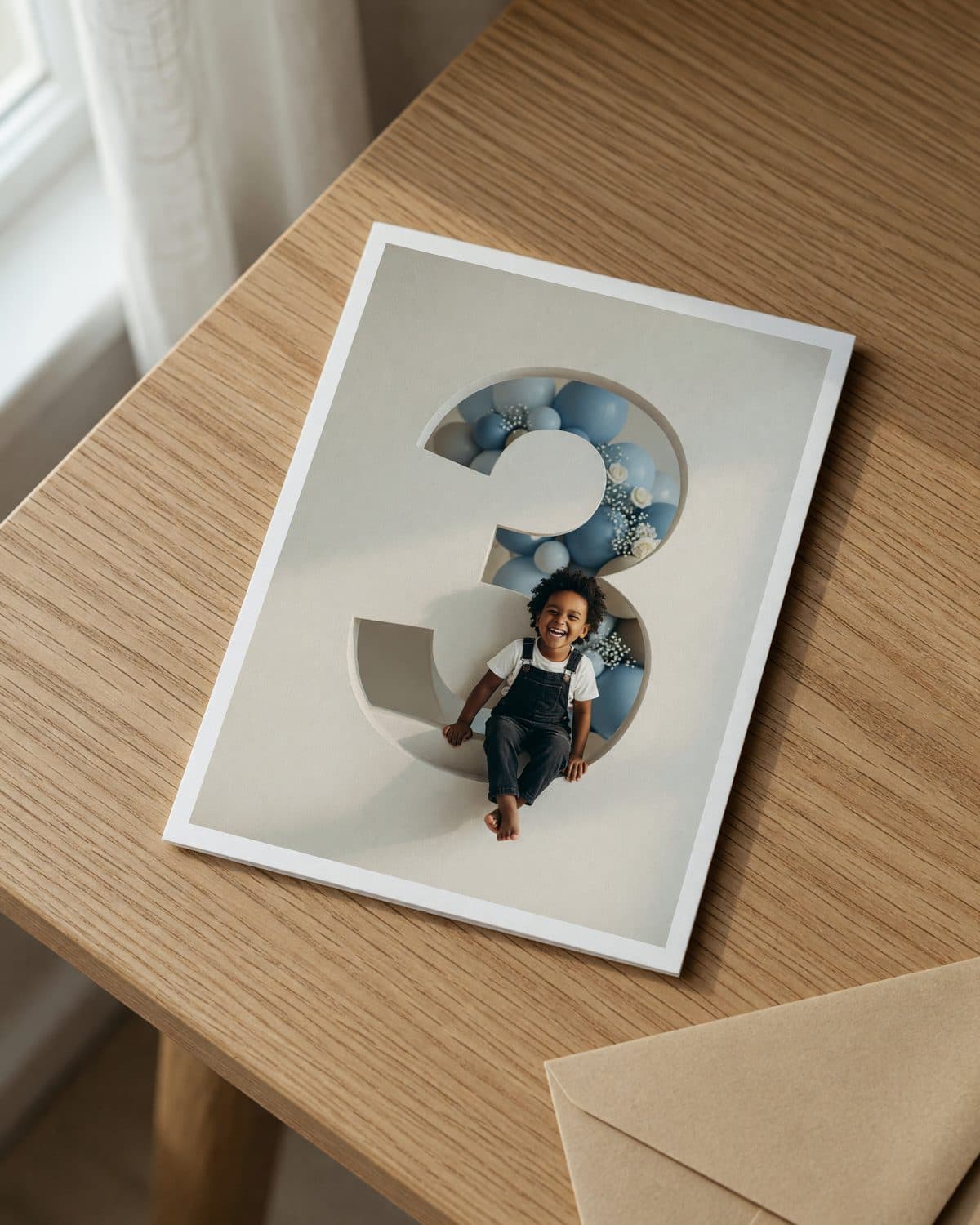 A printed storybook invitation lying flat on a wooden table, seen from above.