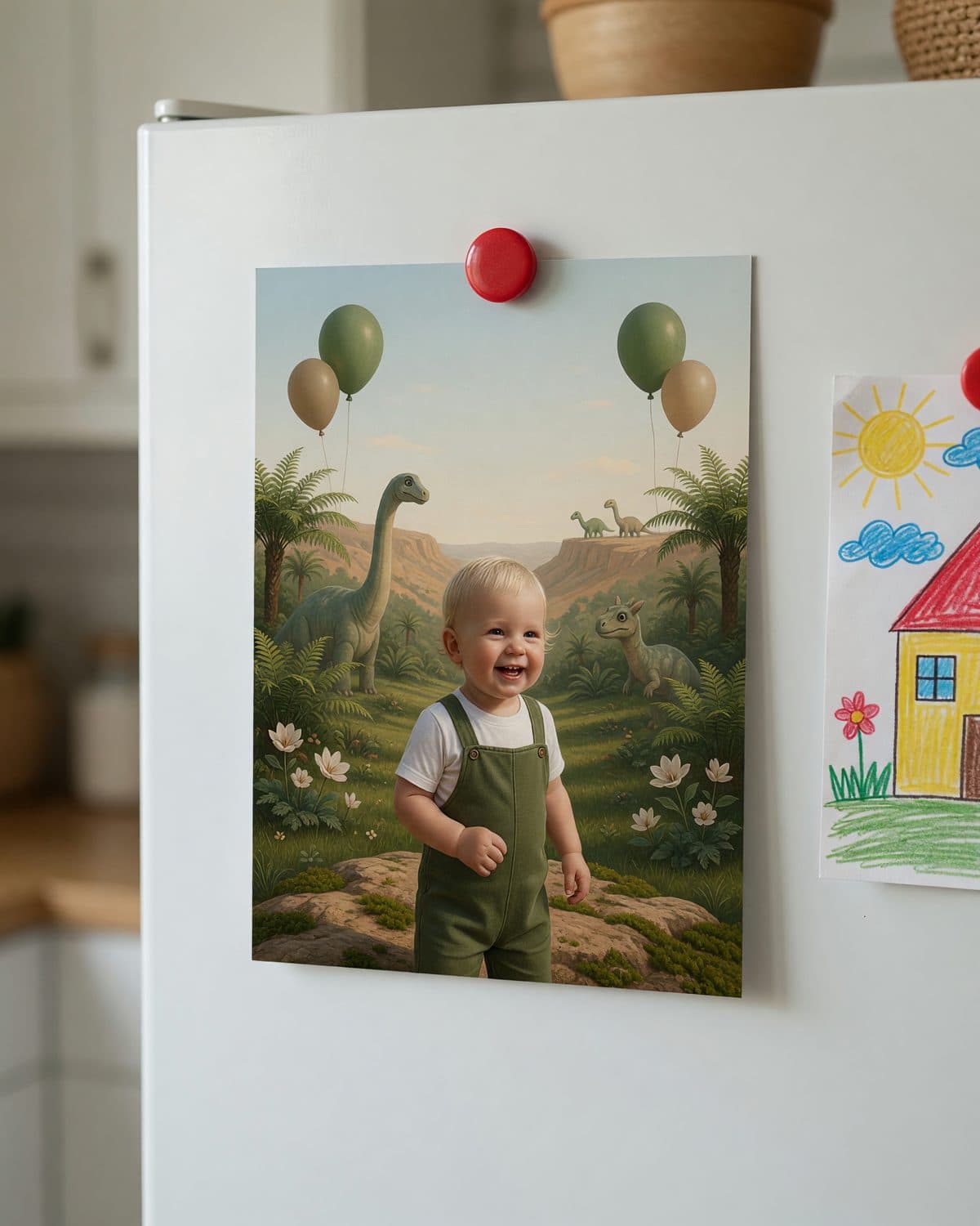 A printed dinosaur invitation held to a fridge door by a small magnet.