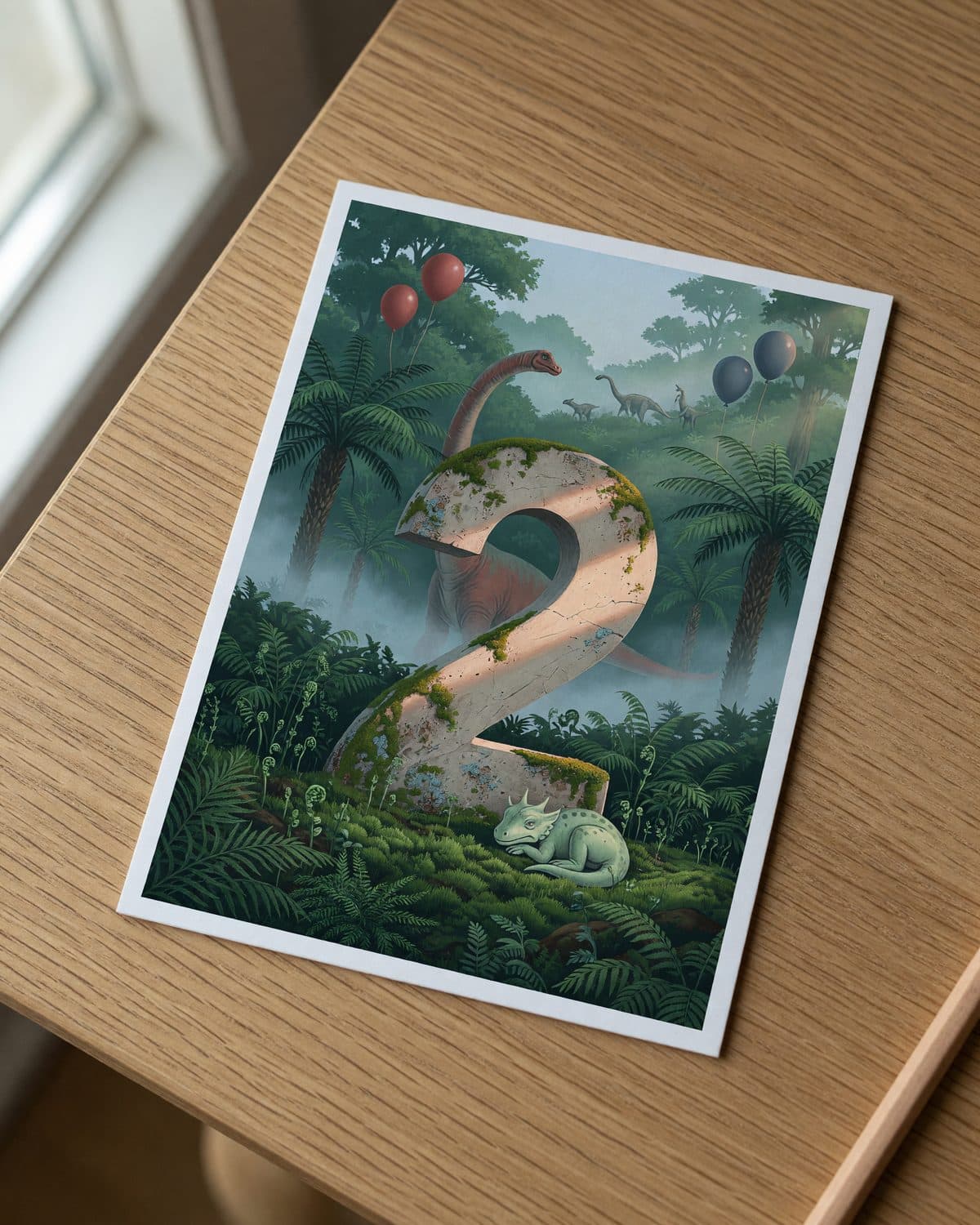 A printed dinosaur number invitation lying flat on a wooden table, seen from above.