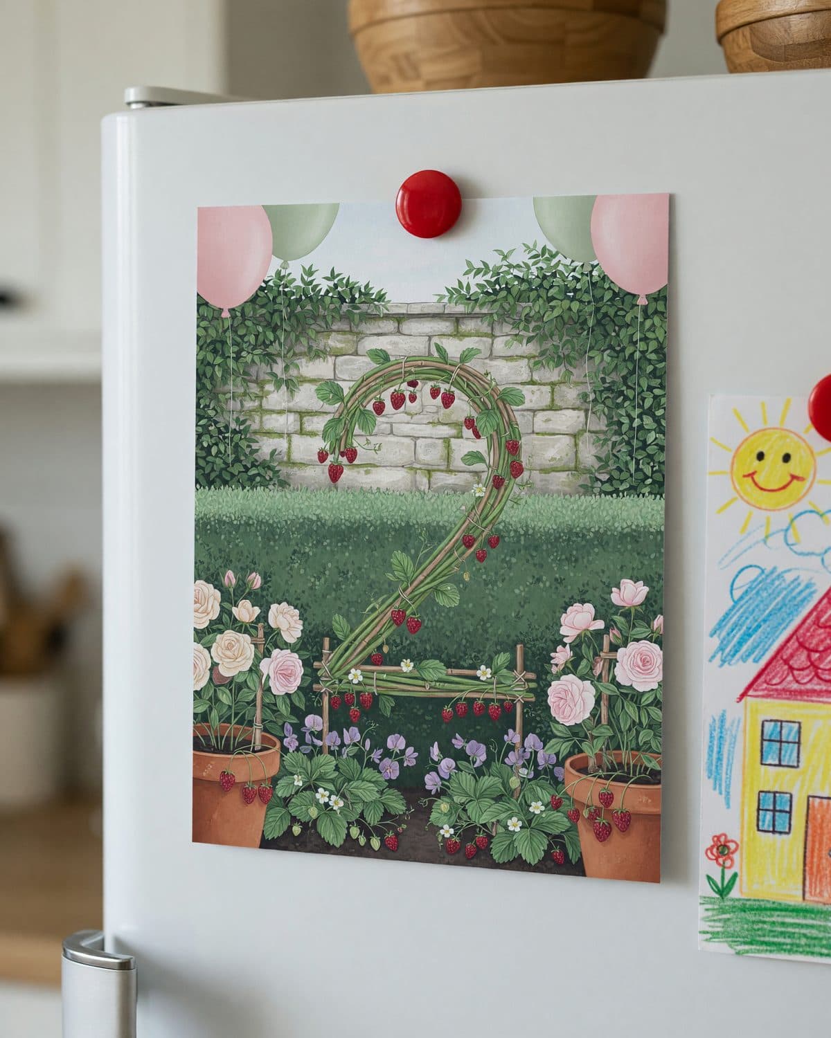 A printed garden number invitation held to a fridge door by a small magnet.