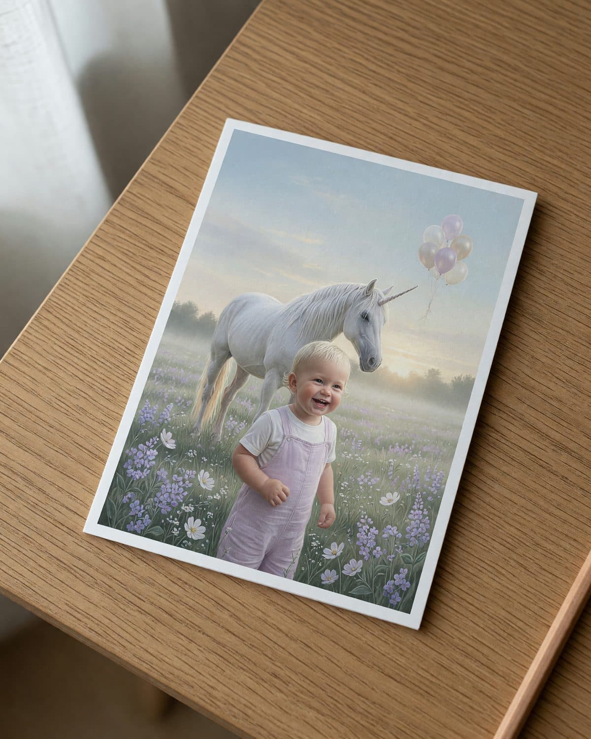 A printed unicorn invitation lying flat on a wooden table, seen from above.