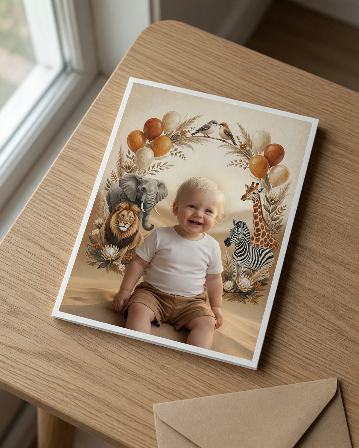 A printed wild one invitation lying flat on a wooden table, seen from above.